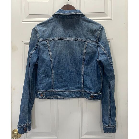 American Eagle Fitted Trucker Denim Jacket Medium Wash Jean Jacket L - Picture 6 of 10